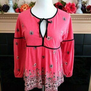 Lucky Brand Boho Floral Knit Top S Keyhole Tie 3/4 Lantern Sleeve Coral PInk
